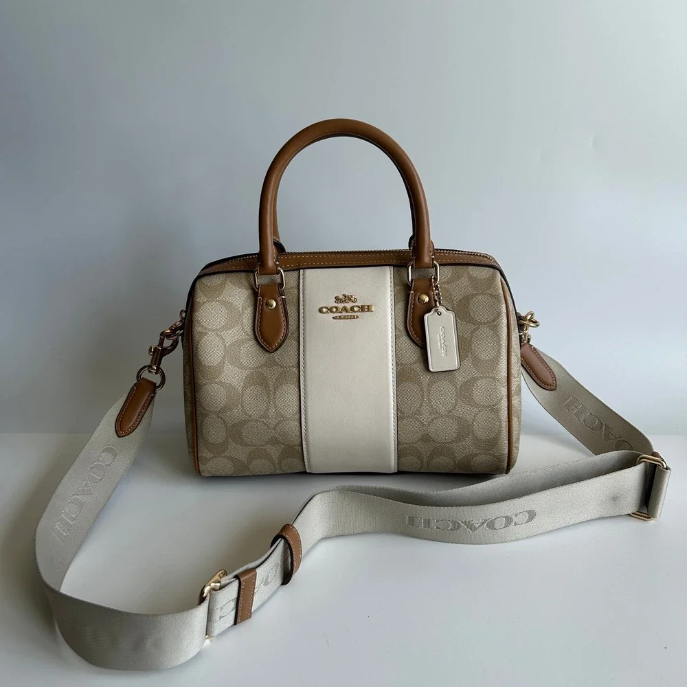 Coach Rowan Satchel Light Khaki Chalk Stripe Signature Canvas CR122